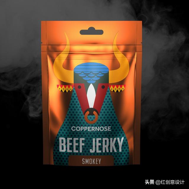 巧妙地融合了图案和大地色调，意趣昂扬的牛肉干包装设计(图3)