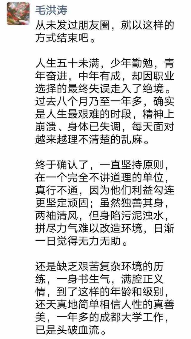 悼念为情怀而死的成都大学党委书记毛洪涛老师