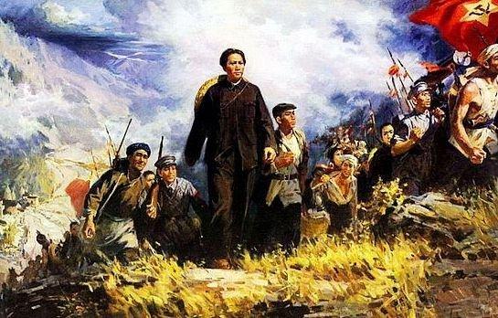 Painting of soldiers walking up a hill during the Long March. Mao Ze Dong is wearing all black and is standing in the center of the painting, leading the troops