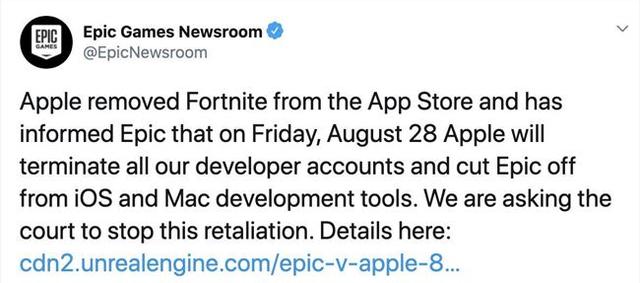苹果将停用Epic开发者账号 8月28日将关闭开发工具权限www.smxdc.net