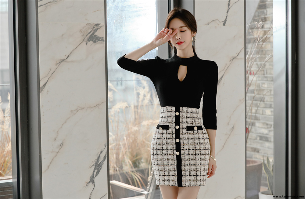 孙允珠丨亮黑镂空烁色钻石水滴拼搭裙