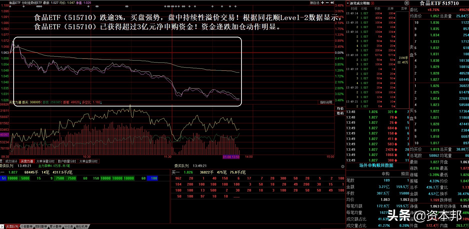 Food ETF continues to trade at a premium, and intraday net purchases