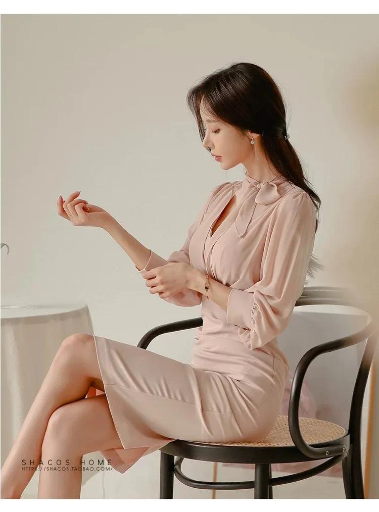 Sun Yunzhu celebrity OL temperament V-neck tie slim dress fashionable ...