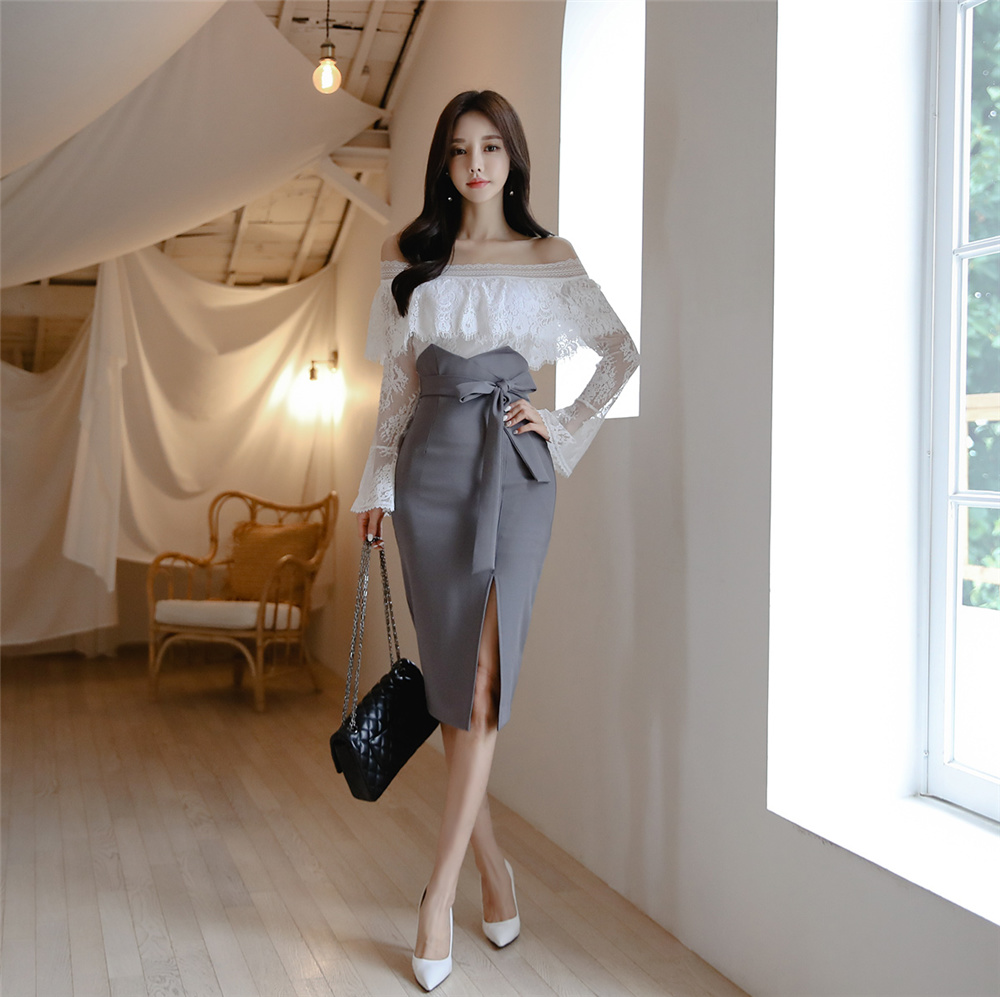 孙允珠丨雅致清灰蕾丝层叠镂花拼搭裙