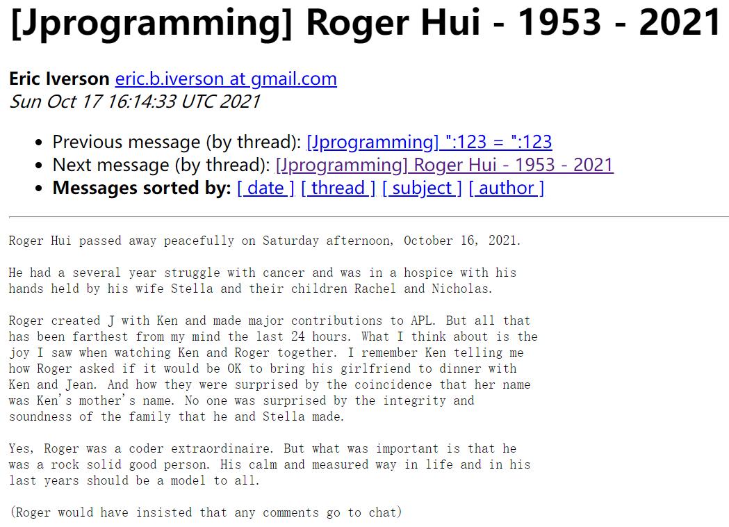 J Language Roger Hui, co-founder of J Language, died of cancer - iNEWS